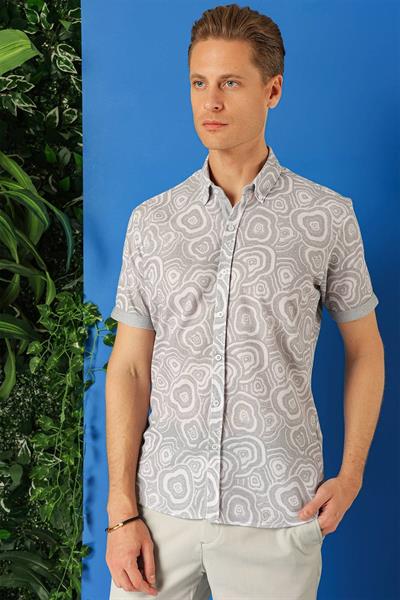 G 1503 Slim Fit Düğmeli Yaka Desenli Kısa Kol Pamuk Gri Gömlek