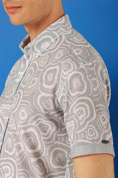 G 1503 Slim Fit Düğmeli Yaka Desenli Kısa Kol Pamuk Gri Gömlek