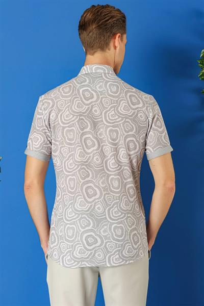 G 1503 Slim Fit Düğmeli Yaka Desenli Kısa Kol Pamuk Gri Gömlek