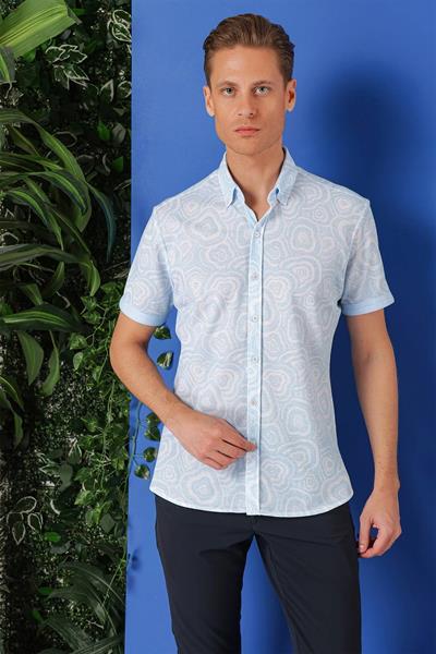 G 1503 Slim Fit Düğmeli Yaka Desenli Kısa Kol Pamuk Mavi Gömlek