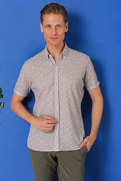 G 1504 Slim Fit Düğmeli Yaka Desenli Kısa Kol Pamuk Gri Gömlek
