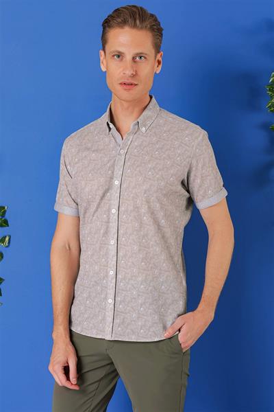 G 1504 Slim Fit Düğmeli Yaka Desenli Kısa Kol Pamuk Gri Gömlek