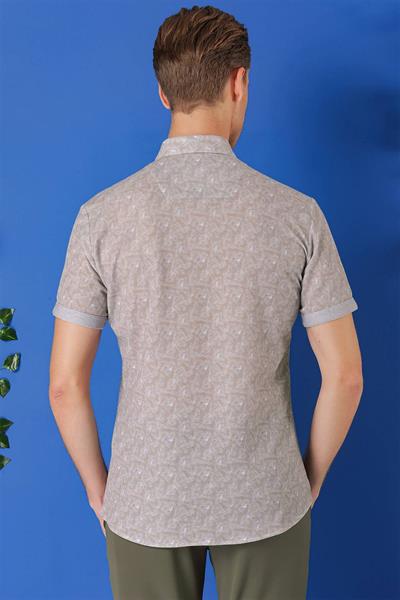 G 1504 Slim Fit Düğmeli Yaka Desenli Kısa Kol Pamuk Gri Gömlek