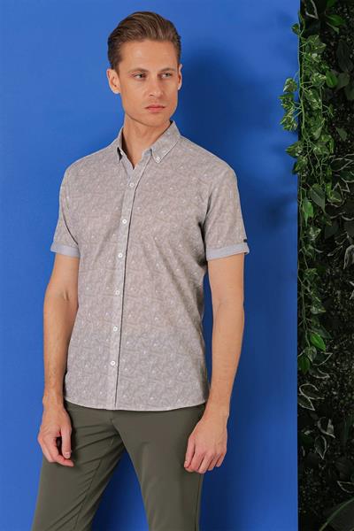 G 1504 Slim Fit Düğmeli Yaka Desenli Kısa Kol Pamuk Gri Gömlek