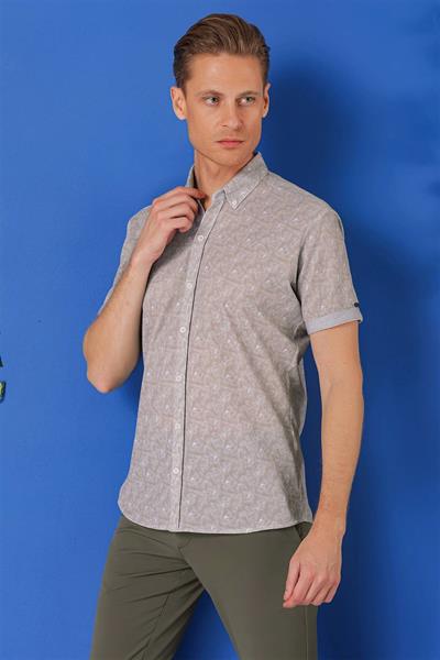 G 1504 Slim Fit Düğmeli Yaka Desenli Kısa Kol Pamuk Gri Gömlek