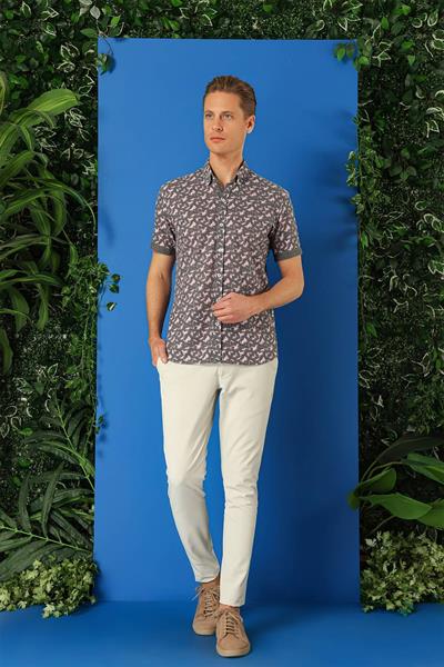 G 1504 Slim Fit Düğmeli Yaka Desenli Kısa Kol Pamuk Füme Gömlek