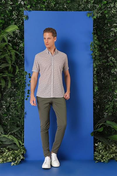 G 1504 Slim Fit Düğmeli Yaka Desenli Kısa Kol Pamuk Gri Gömlek