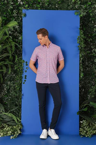 G 1504 Slim Fit Düğmeli Yaka Desenli Kısa Kol Pamuk Eflatun Gömlek