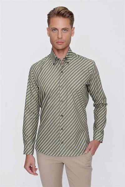 G 1517 Slim Fit Haki Spor Gömlek