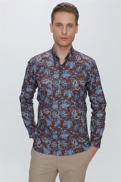 G 1531 Slim Fit Kahve Spor Gömlek