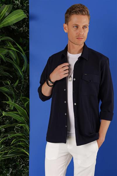 G 1534 Slim Fit Lacivert Klasik Gömlek