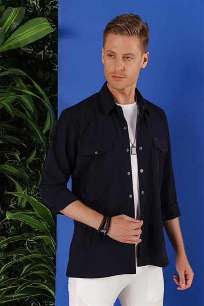 G 1534 Slim Fit Lacivert Klasik Gömlek
