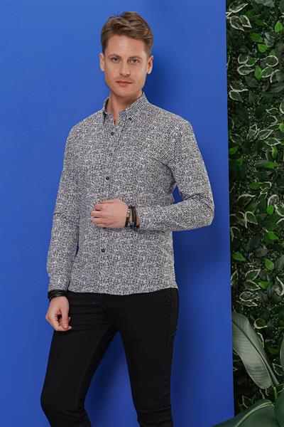 G 1548 Slim Fit Beyaz-Siyah Klasik Gömlek