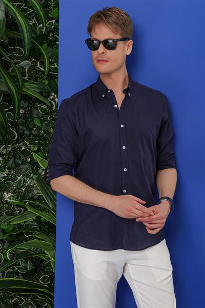 G 1554 Slim Fit Lacivert Klasik Gömlek