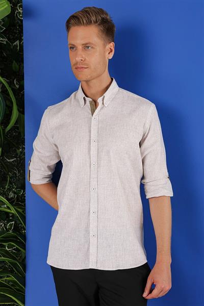 G 1555 Slim Fit Bej Klasik Gömlek