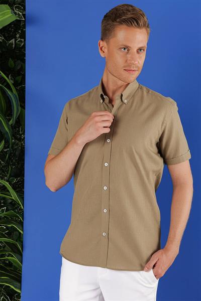 G 1556 Slim Fit Haki Klasik Gömlek