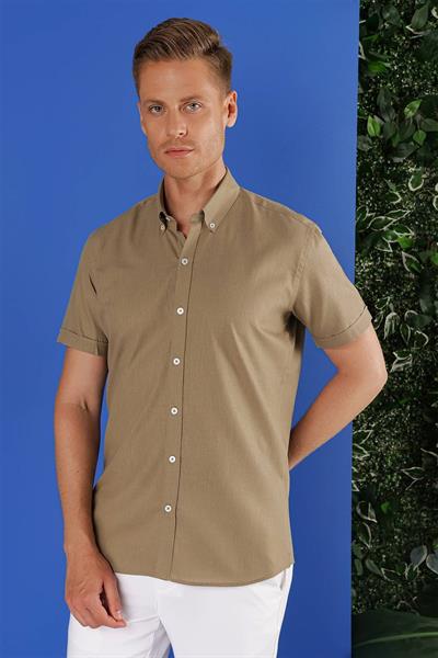 G 1556 Slim Fit Haki Klasik Gömlek