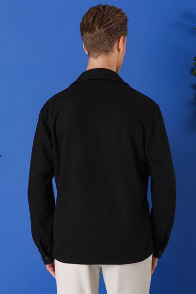 G 1561 Comfort Fit Kapaklı Cep Fitilli Dokuma Esnek Pamuk Siyah Gömlek Ceket