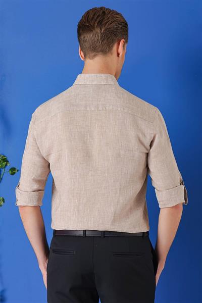 G 1564 Comfort Fit Düğmeli Yaka %100 Keten Apoletli Casuel Bej Gömlek