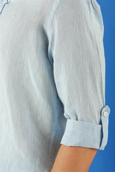 G 1564 Comfort Fit Düğmeli Yaka %100 Keten Apoletli Casuel Mavi Gömlek