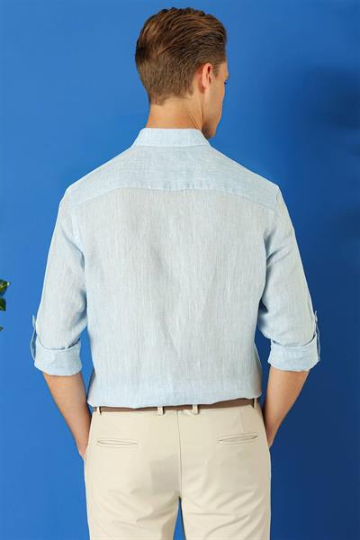 G 1564 Comfort Fit Düğmeli Yaka %100 Keten Apoletli Casuel Mavi Gömlek