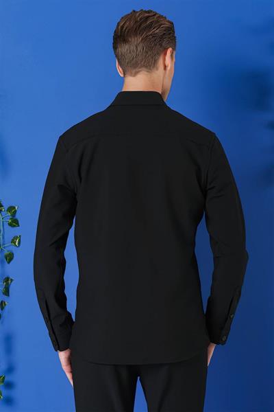 G 1565 Comfort Fit Yan Cep Çıtçıtlı Esnek Pamuk Siyah Gömlek Ceket