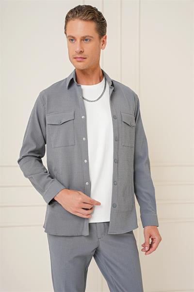 G 1565 Comfort Fit Yan Cep Çıtçıtlı Esnek Pamuk Gri Gömlek Ceket