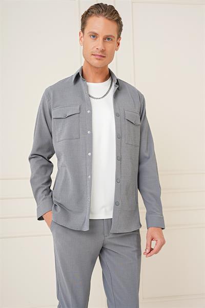 G 1565 Comfort Fit Yan Cep Çıtçıtlı Esnek Pamuk Gri Gömlek Ceket