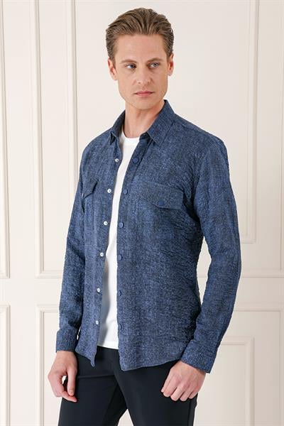 G 1569 Kapaklı Cep Batik Desenli %100 Pamuk Çıtçıtlı Lacivert Gömlek