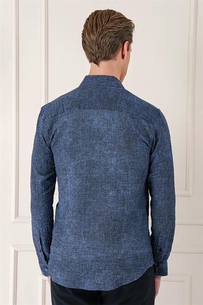 G 1569 Kapaklı Cep Batik Desenli %100 Pamuk Çıtçıtlı Lacivert Gömlek