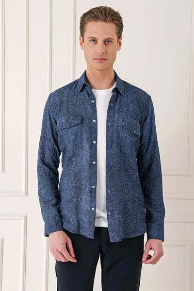 G 1569 Kapaklı Cep Batik Desenli %100 Pamuk Çıtçıtlı Lacivert Gömlek