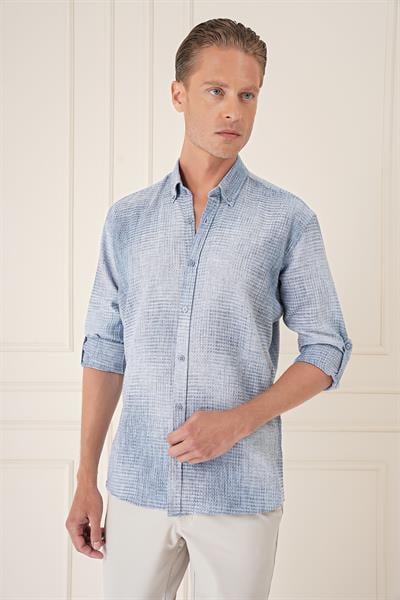 G 1571 Comfort Fit Batik Desen %100 Keten Mavi Gömlek