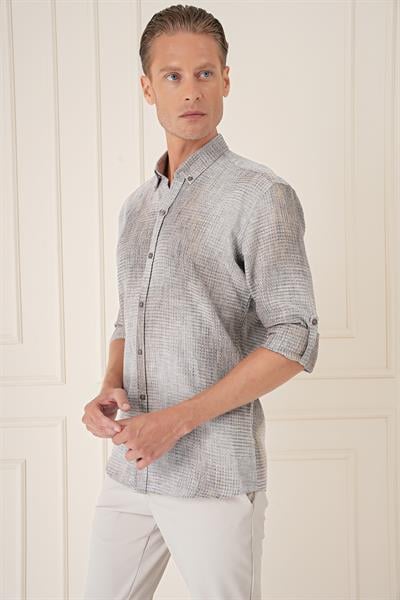 G 1571 Comfort Fit Batik Desen %100 Keten Bej Gömlek