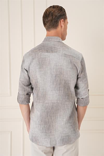 G 1571 Comfort Fit Batik Desen %100 Keten Bej Gömlek
