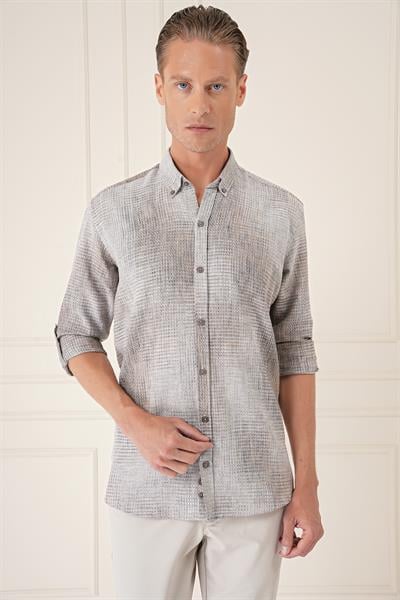 G 1571 Comfort Fit Batik Desen %100 Keten Bej Gömlek