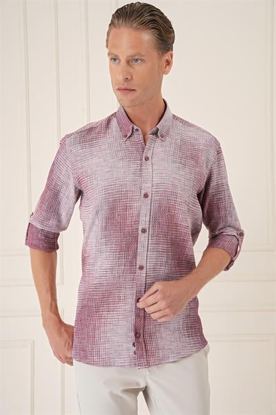 G 1571 Comfort Fit Batik Desen %100 Keten Bordo Gömlek