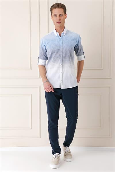 G 1572 Comfort Fit Degrade Desen Apoletli %100 Keten Mavi Gömlek