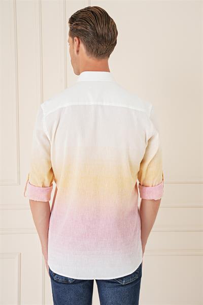 G 1572 Comfort Fit Degrade Desen Apoletli %100 Keten Pembe Gömlek