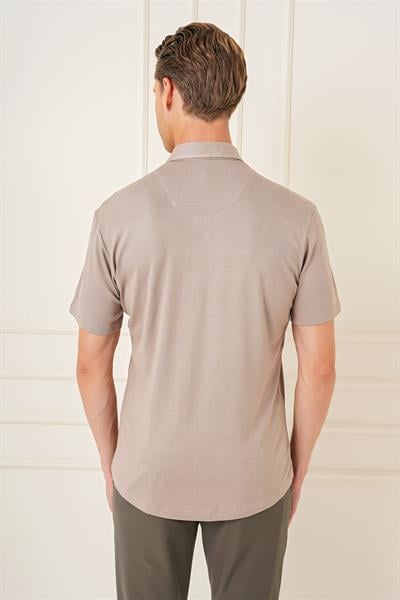 G 1573 Comfort Fit Spor Yaka Kısa Kol Esnek Pamuk Vizon Gömlek