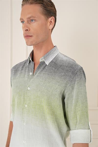 G 1575 Comfort Fit Apoletli Degrade Desen Esnek Pamuk Yeşil Gömlek