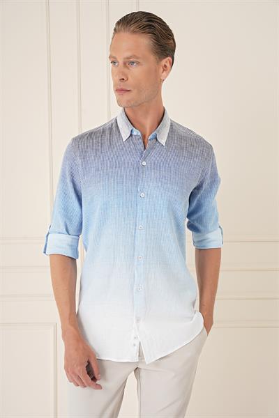 G 1575 Comfort Fit Apoletli Degrade Desen Esnek Pamuk Mavi Gömlek