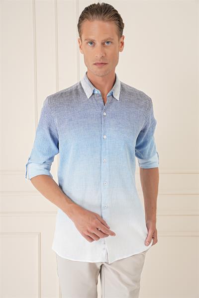 G 1575 Comfort Fit Apoletli Degrade Desen Esnek Pamuk Mavi Gömlek