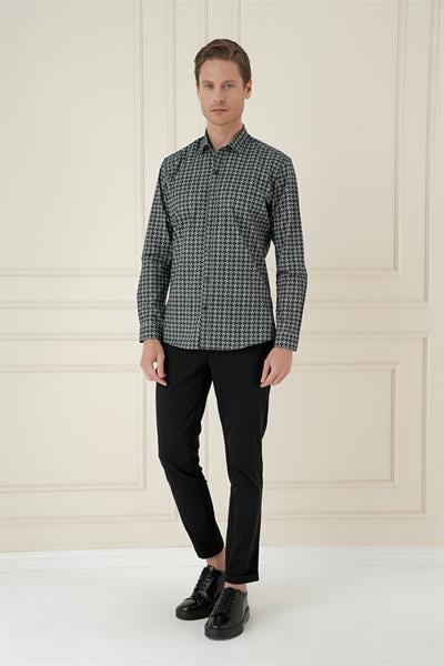 G 1585 Slim Fit Kazayağı Desenli %100 Pamuk Casuel Gri Gömlek