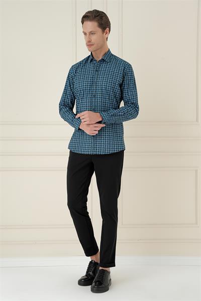 G 1585 Slim Fit Kazayağı Desenli %100 Pamuk Casuel Mavi Gömlek