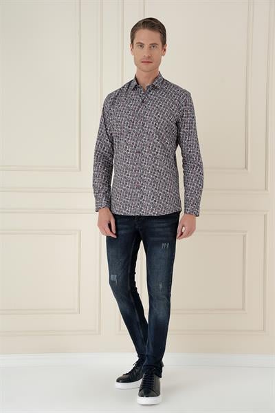 G 1586 Slim Fit Baskılı %100 Pamuk Spor Gri Gömlek 
