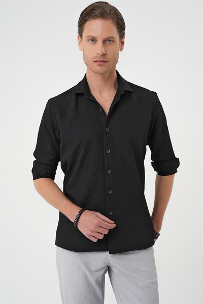 G 1592 Slim Fit Gofre Kumaş Desenli Kısa Kol Siyah Gömlek 