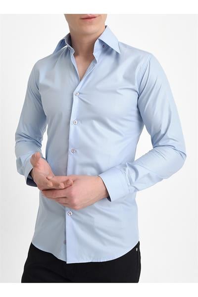 G 565 Slim Fit Dik Yaka Pamuk Saten Uzun Kol Klasik Açık Mavi Gömlek 