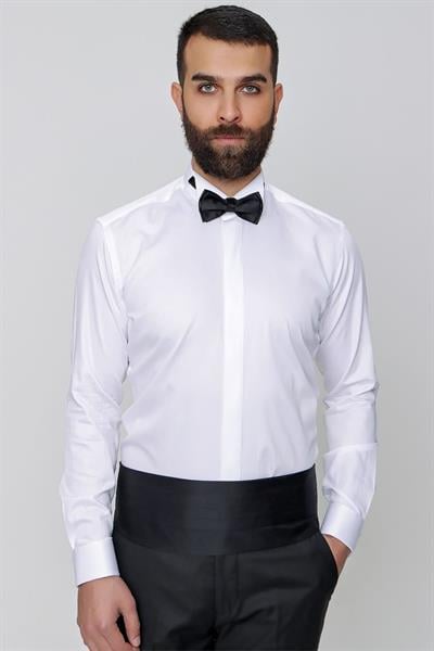 Gk 148 Slim Fit Duble Manşet Ata Yaka Ekru Damatlık Smokin Gömlek