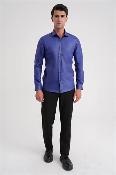 Gk 157 Slim Fit Pamuk Saten Uzun Kol Klasik Lacivert Gömlek 