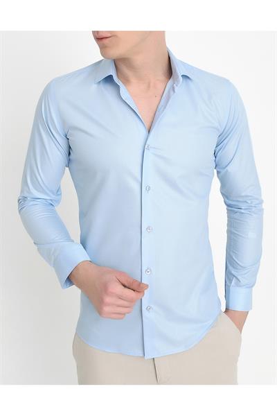 Gk 157 Slim Fit Pamuk Saten Uzun Kol Klasik Açık Mavi Gömlek 